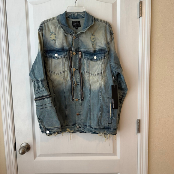 Men's Rockstar Original XL Dark Blue Distressed Denim Biker Jacket - Picture 1 of 16